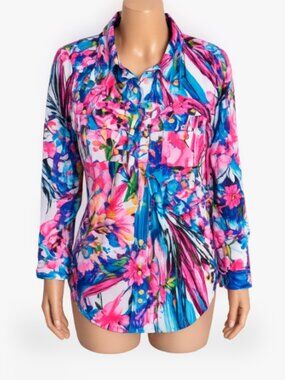 NWT BCBGMazAzria Tropical Dreams Floral Blouse Top Button Front Size XL